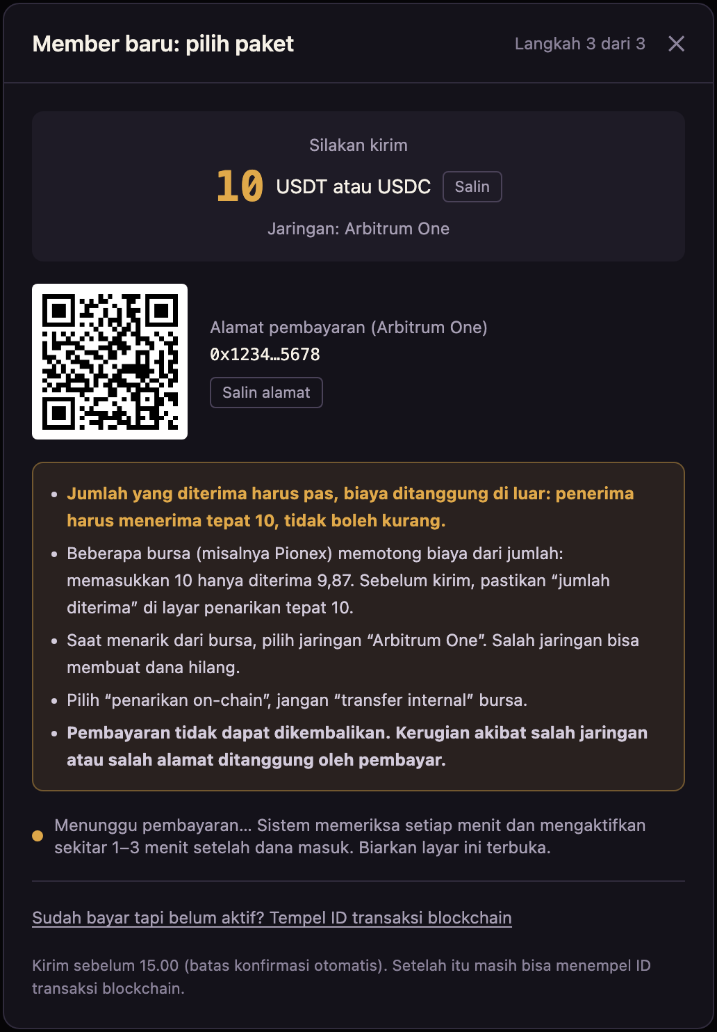 Aplikasi menampilkan alamat tujuan, kode QR, dan jumlah yang harus dibayar